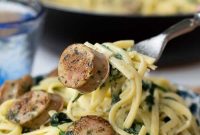 Quick Chicken Sausage Pesto Pasta with Spinach & Cherry Tomatoes