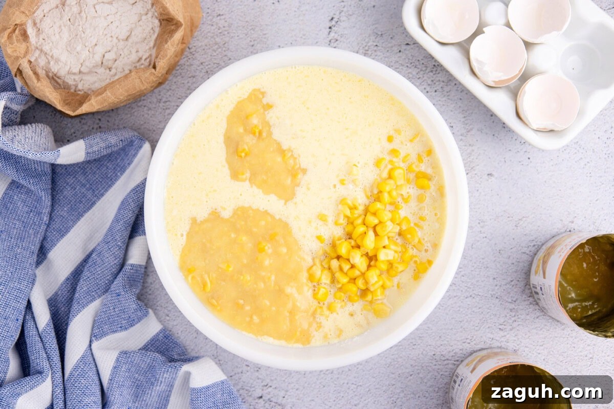 Creamy Southern-Style Corn Pudding Recipe 8 corn kernels and cream corn added to corn pudding batter