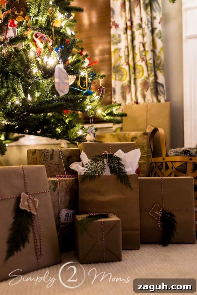 Classic Christmas Candlelight Tour You Have to See This Year 10 gifts wrapped with brown paper and twine accented with fresh cypress