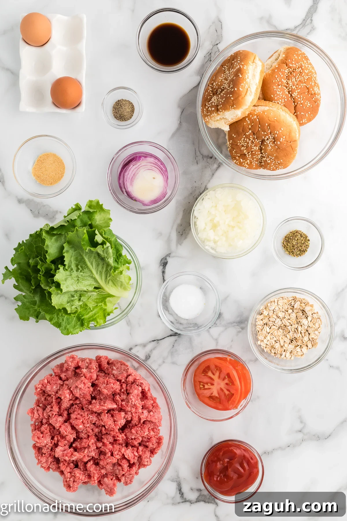 Ingredients needed - beef, oats, eggs, onion, worcestershire sauce, ketchup, oregano, garlic powder, salt and pepper, avocado oil, buns, lettuce, tomato, red onion