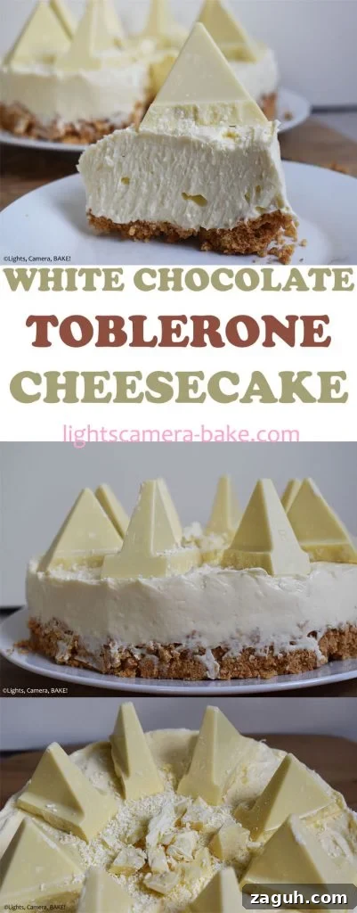 White Chocolate Toblerone Cheesecake Recipe — Creamy No-Bake Slice 9 Long pinterest image with three pictures of White Chocolate Toblerone Cheesecake with a title.