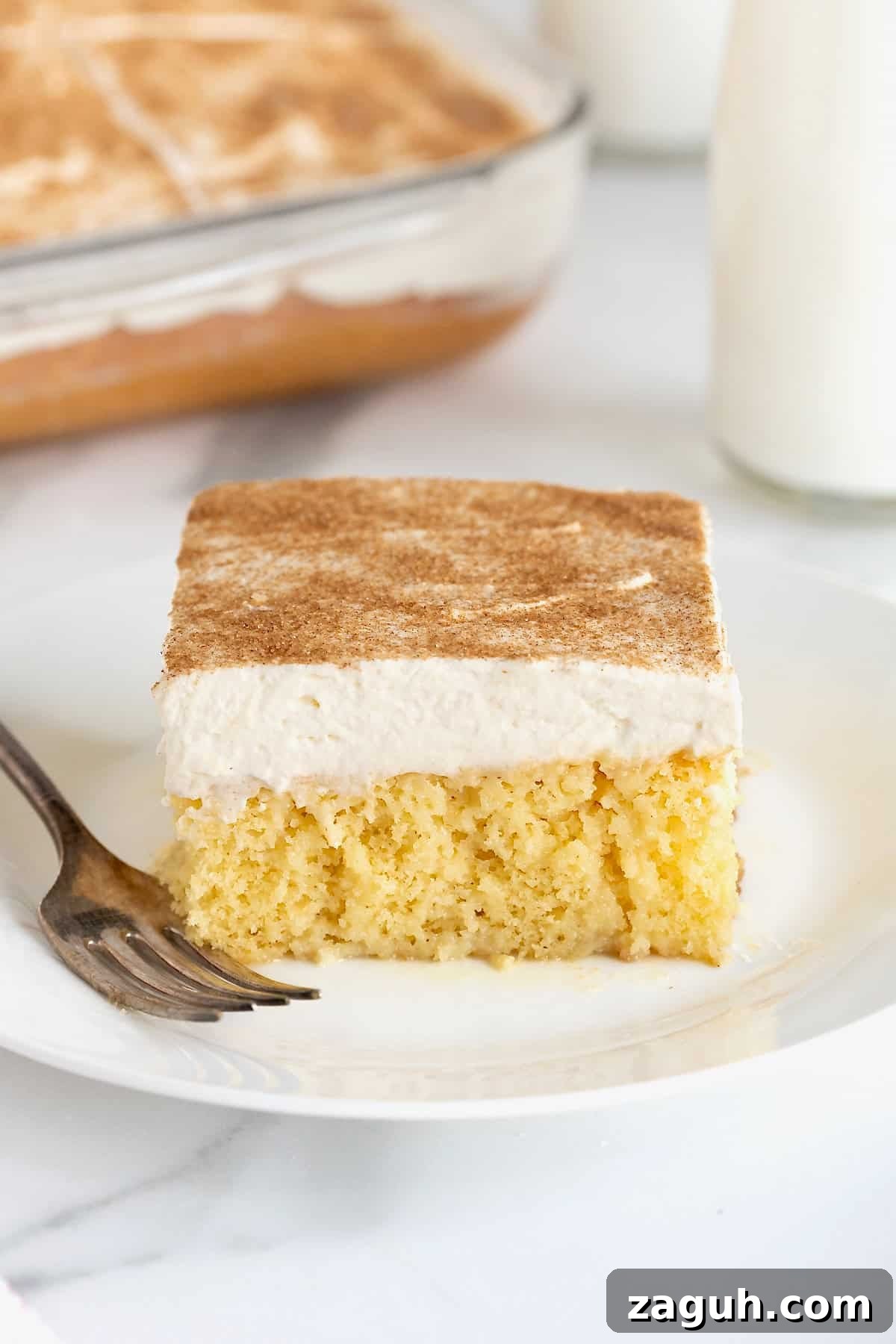 Authentic Mexican Fiesta Recipes for Your Party Menu 33 A square of tres leches cake on a white dessert plate with a fork next to it.