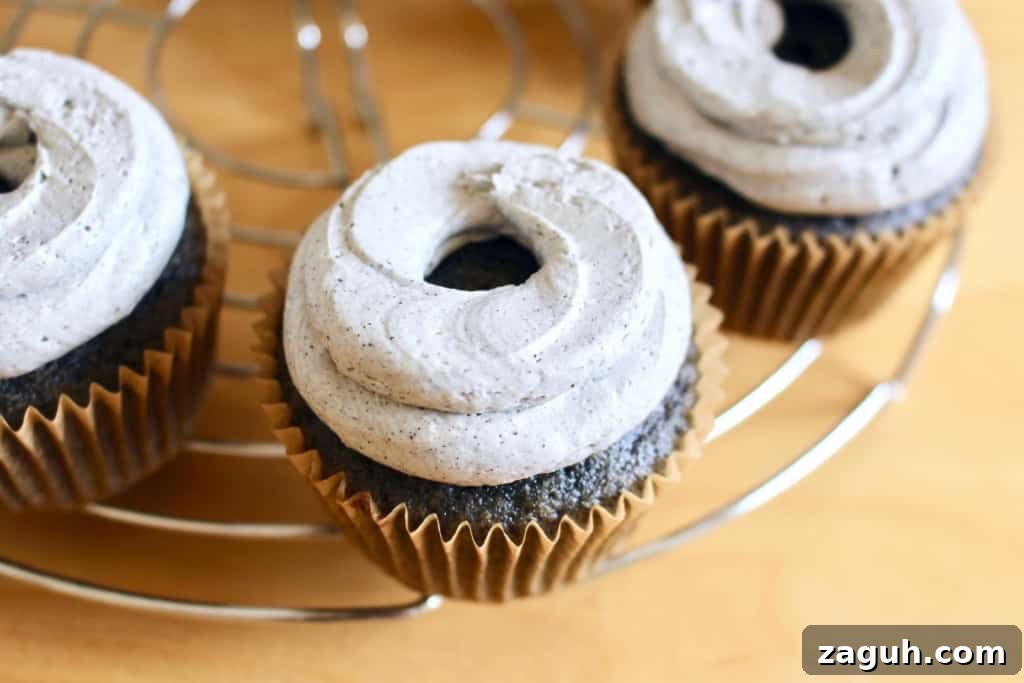 Black sesame cupcakes topped with black sesame frosting