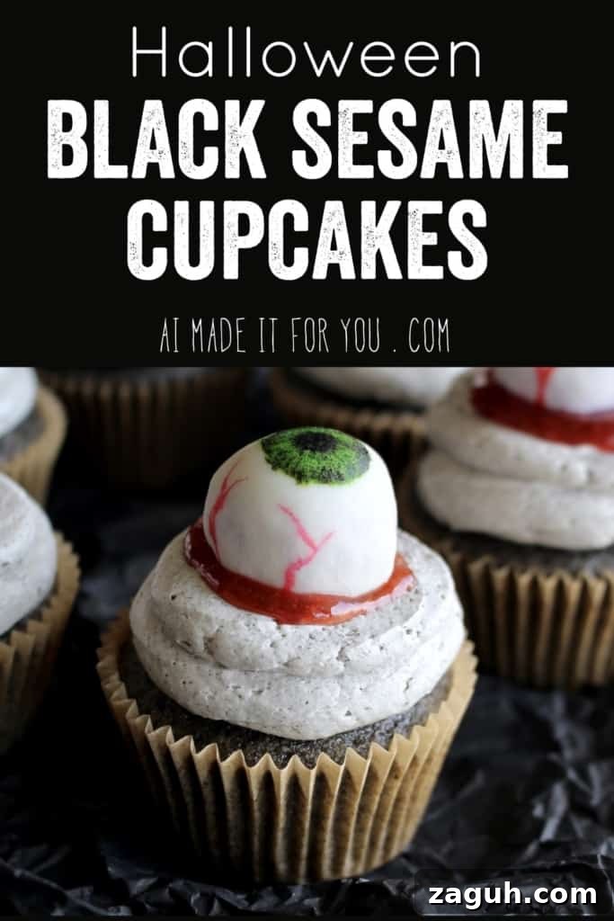 Halloween black sesame cupcakes are the perfect unique treat for an adult Halloween party! These Halloween eyeball cupcakes have a fluffy black sesame cake frosted with black sesame buttercream, topped with my Halloween white chocolate eyeballs! I added a spoonful of berry jam as fake blood, but I think mixing some black tahini with honey to make a spooky black goop would pair better in terms of taste.