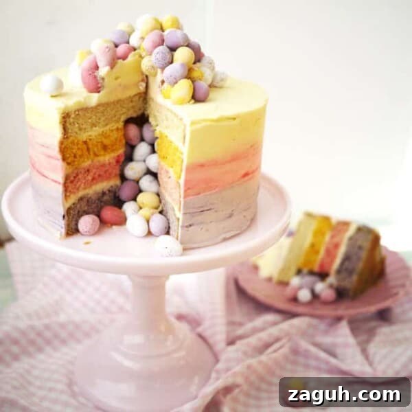 Decadent Chocolate Easter Cupcakes with Spring Decorations 14 A colourful four-layer Mini Egg Cake, with piñata-style filling of mini eggs, on a cake stand with a piece on a plate, ready to eat.