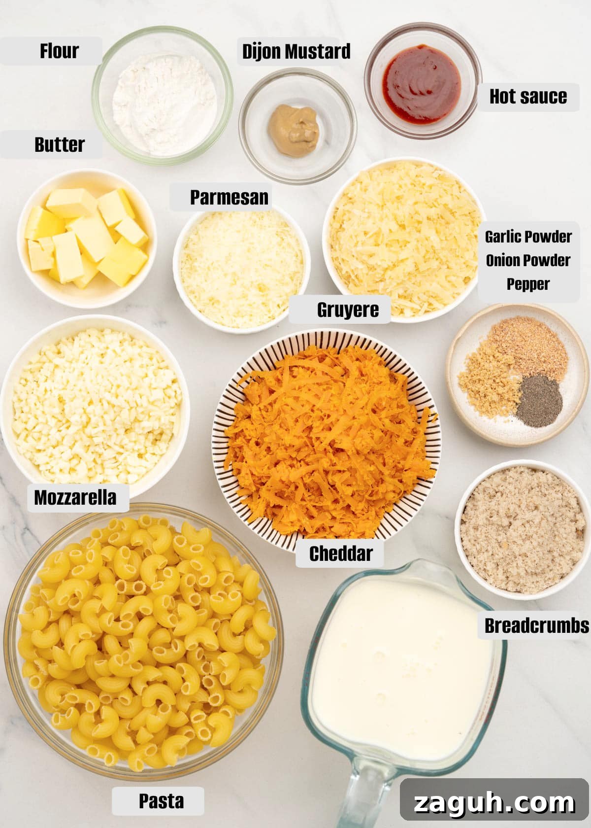 Creamy Oven-Baked Macaroni and Cheese Recipe 4 Top shot of Baked Mac and Cheese ingredients.
