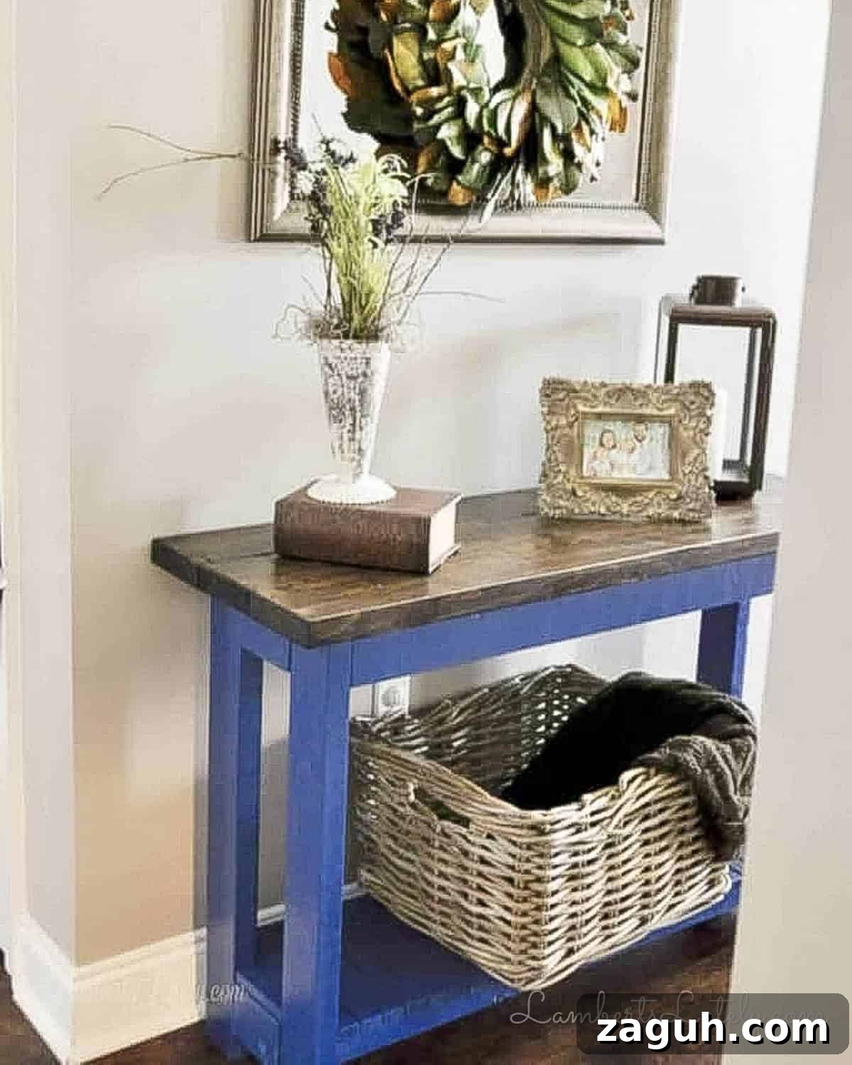 DIY Console Table Plans: Step-by-Step Build Guide and Dimensions 2 blue and brown diy console table in an entryway.