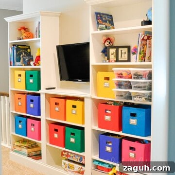ikea billy bookcase built-ins with colorful bins in a playroom.