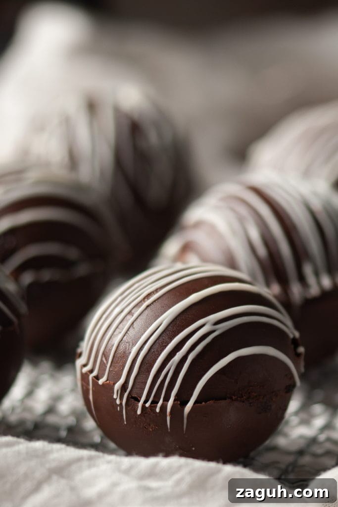 Baileys Hot Chocolate Bombs Recipe: Homemade Boozy Cocoa Surprises 2 close up of a Baileys Hot Chocolate Bomb with white chocolate drizzled over it
