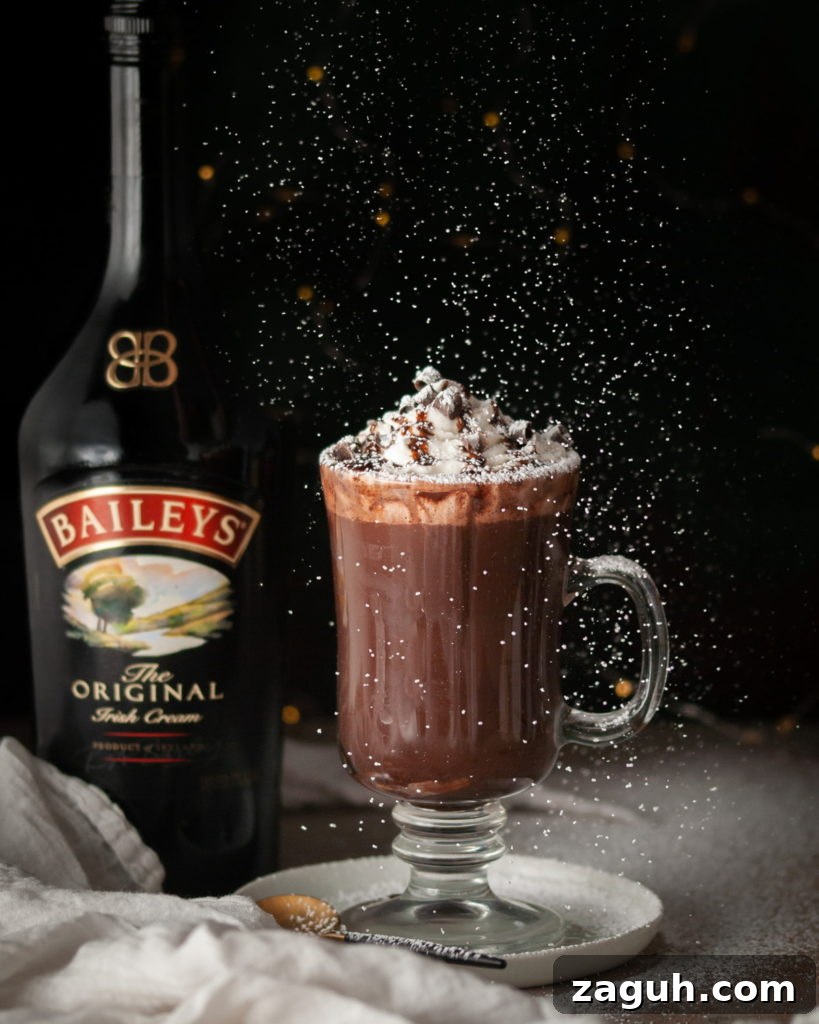 Baileys Hot Chocolate Bombs Recipe: Homemade Boozy Cocoa Surprises 18 Bailey's Hot Chocolate with Confectioner's Sugar Being Dusted on Top
