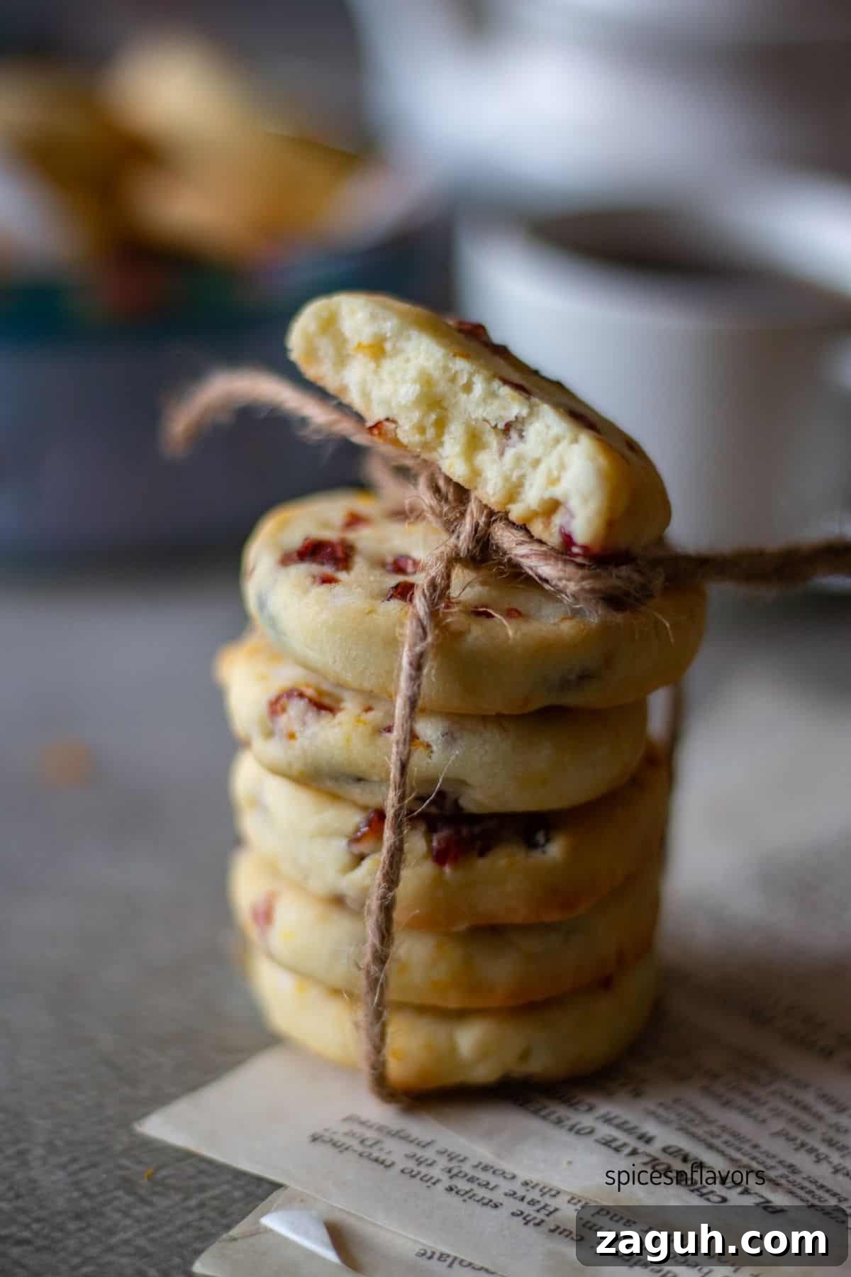 Cranberry Orange Shortbread Cookies (Egg-Free) 8 stack of cookies tied in a jute rope