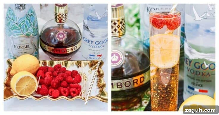 A french kiss cocktail garnished with raspberries.