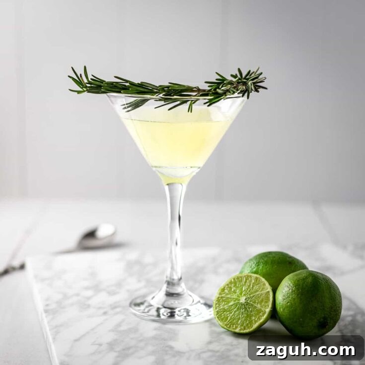 Rosemary gimlet with a branch of fresh rosemary as garnish around the glass, three lines sitting on the marble table beside the cocktail