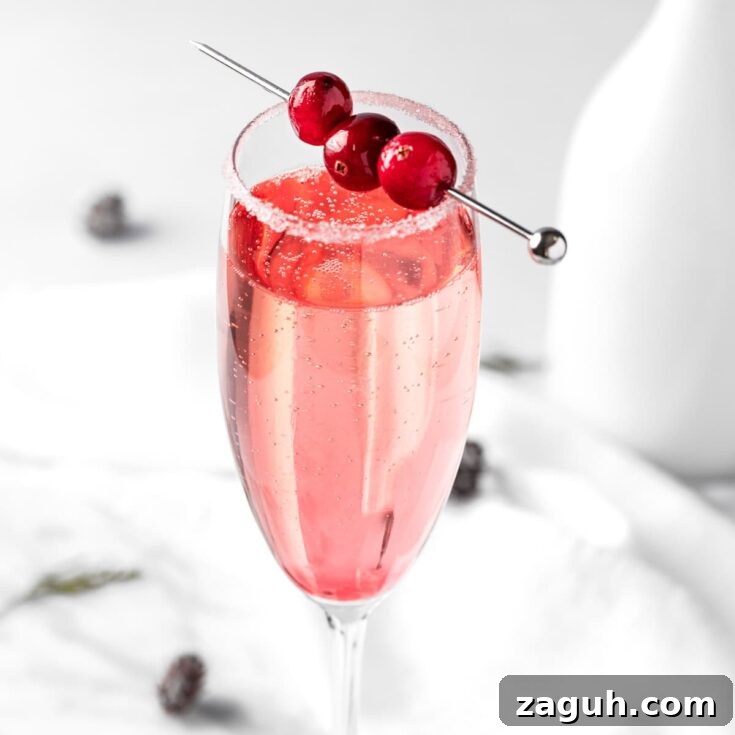 A cranberry mimosa garnished with 3 fresh cranberries.