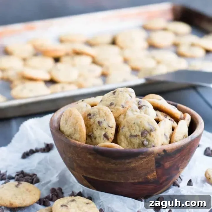 One Bite Mini Chocolate Chip Cookies have slightly crispy edges and soft, chewy centers. One batch makes a bunch of teeny, tiny cookies, chock full of chocolate chips.
