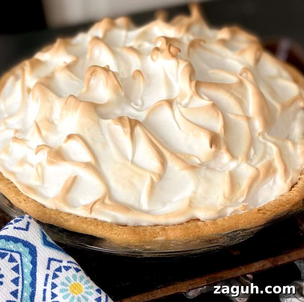 No-Bake Coconut Cream Pie Recipe — Silky Coconut Custard Pie 2 Meringue on pie.