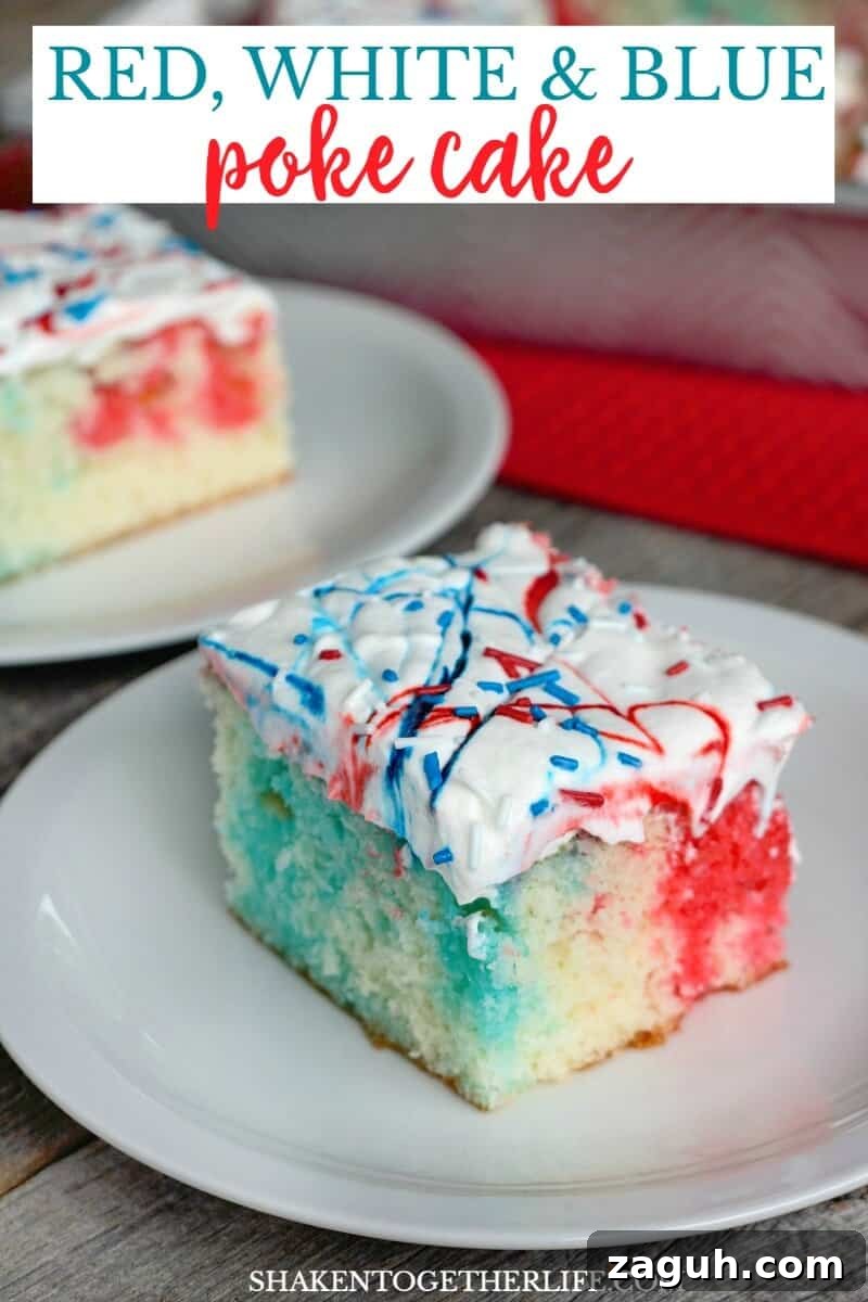 Red, White & Blue Poke Cake! This easy patriotic dessert take a white cake from boring to BOOM with the addition of red and blue Jello! Add swirls of color and sprinkles for an easy, festive 4th of July cake!