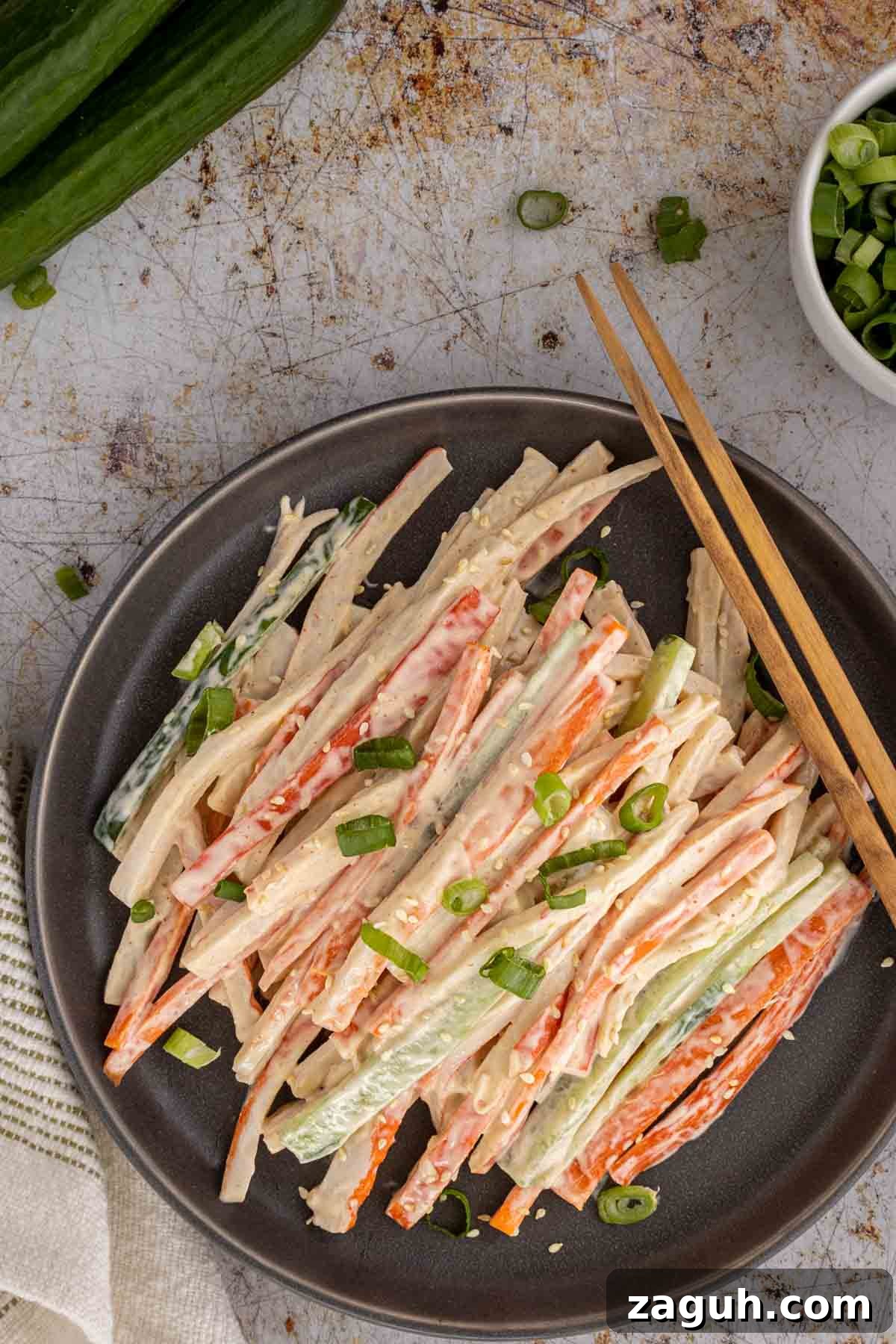 Kani Salad Recipe: Japanese Crab Stick Salad with Sesame Dressing 8 Kani salad on a plate.