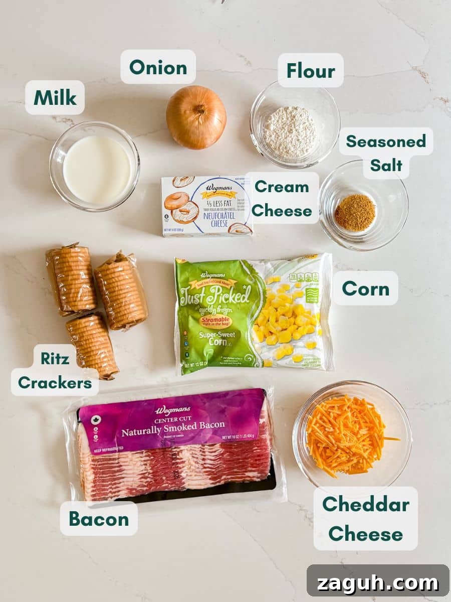 Creamy Corn Pudding Casserole Recipe for Comforting Sides 4 An overhead image of labeled recipe ingredients.