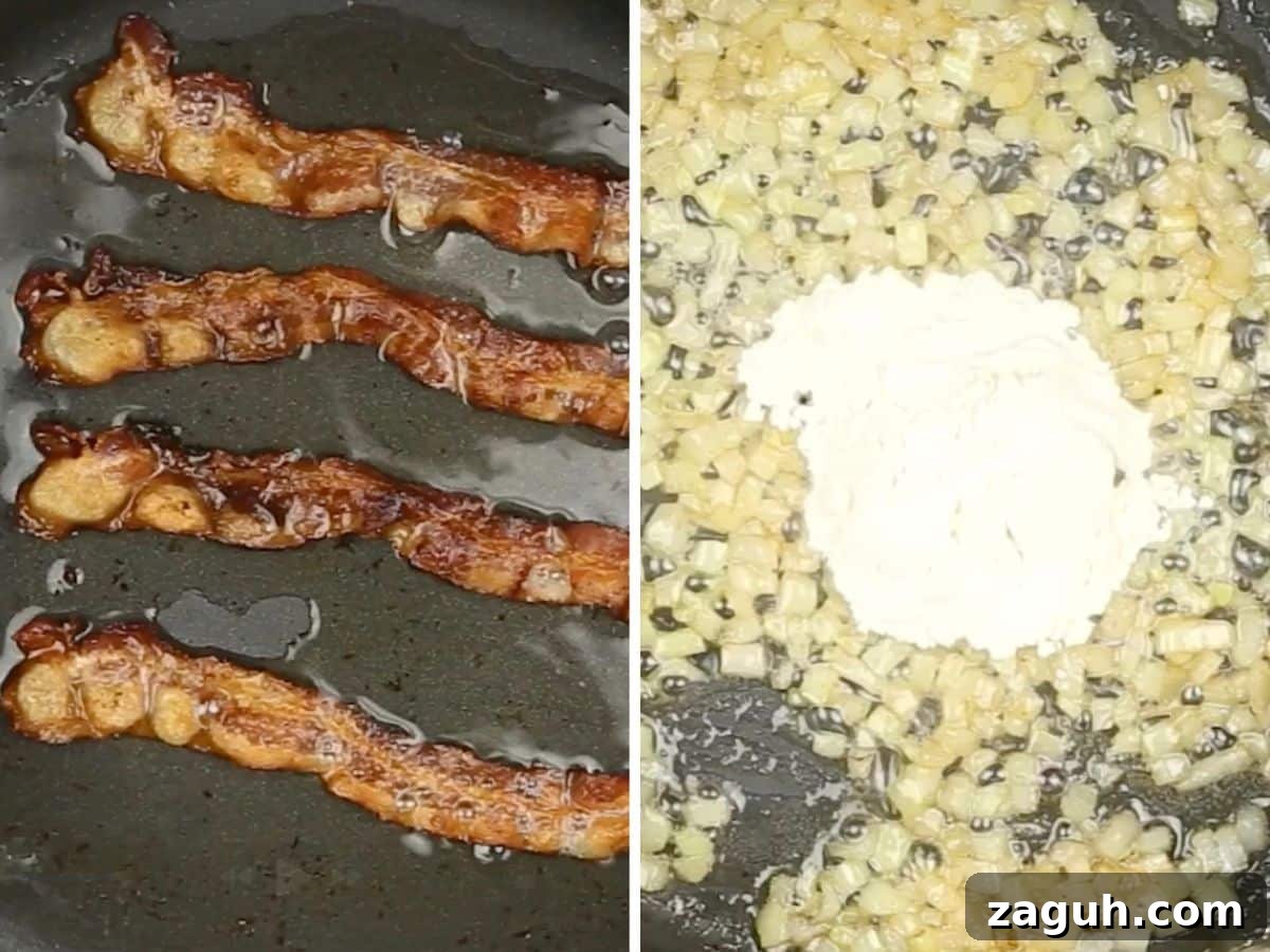 Creamy Corn Pudding Casserole Recipe for Comforting Sides 5 Bacon cooking in a pan and then onions cooked in the bacon grease with flour sprinkled in.