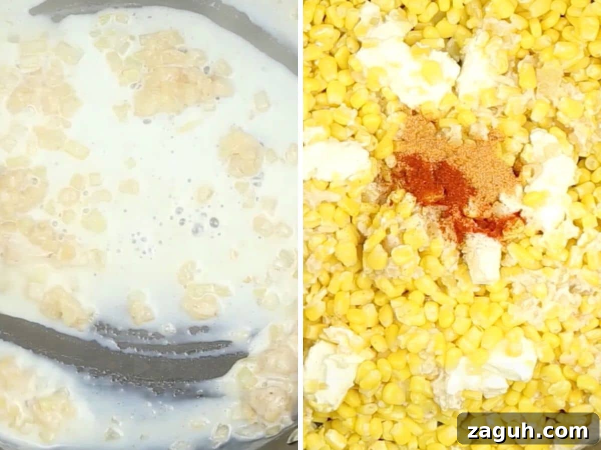 Creamy Corn Pudding Casserole Recipe for Comforting Sides 6 Milk thickened in the pan and then corn pudding ingredients in a bowl.