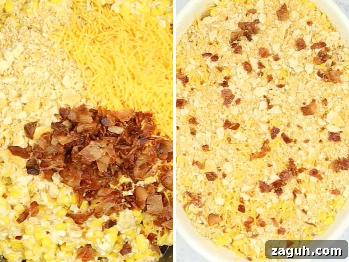 Creamy Corn Pudding Casserole Recipe for Comforting Sides 7 Remaining ingredients added and then the mixture spread in a baking dish.