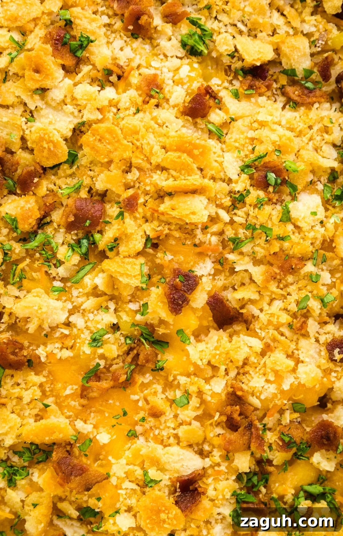 Creamy Corn Pudding Casserole Recipe for Comforting Sides 9 A close up image of the crisp corn casserole topping.