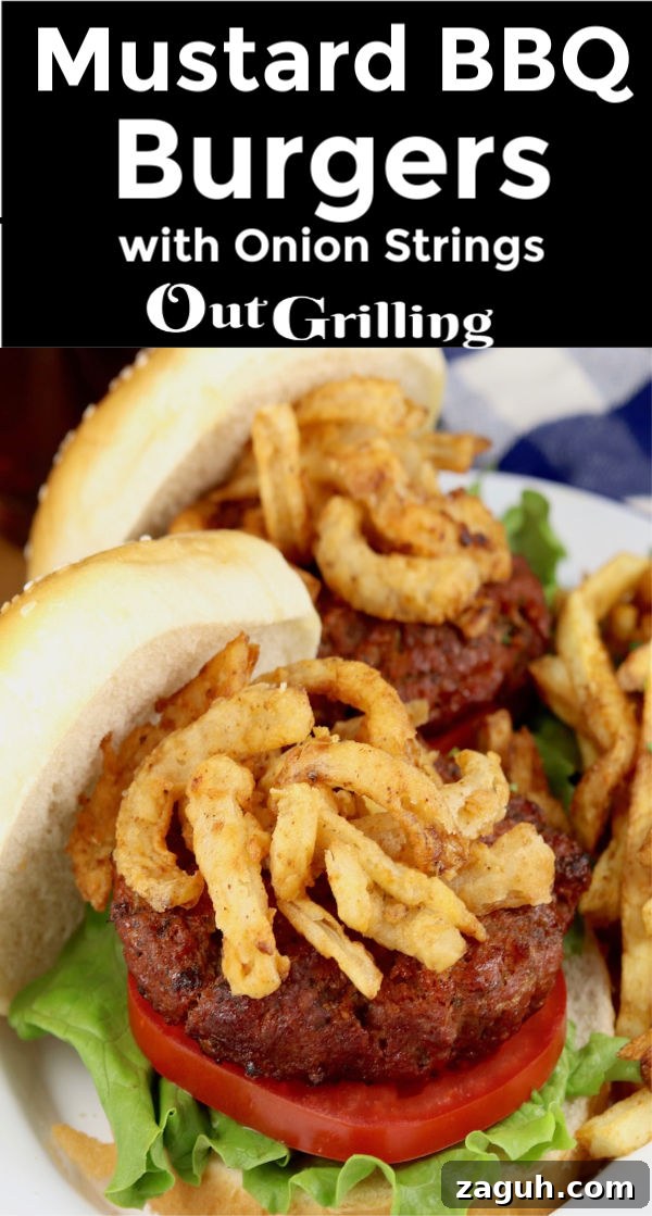 Grilled Mustard BBQ Burgers with onion strings