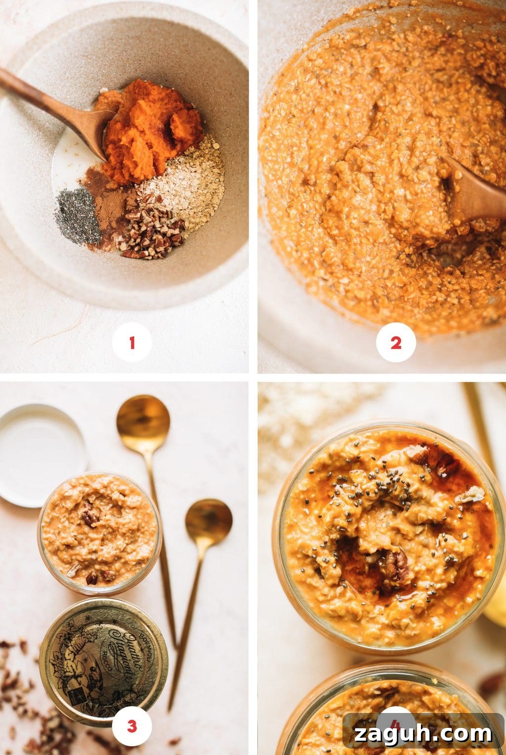 Creamy Pumpkin Overnight Oats Recipe for Fall Breakfast 5 four grid step by step photos of pumpkin overnight oats recipe