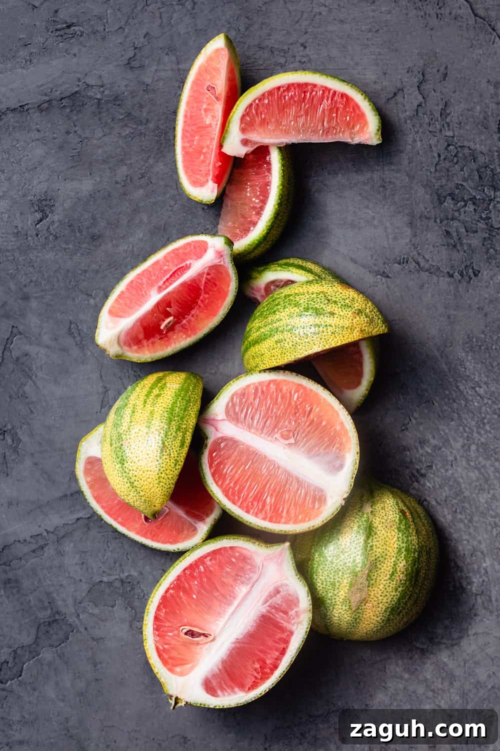 Pink Lemons Explained: What They Are, How They Taste, and Uses 4 Pink lemons cut open, some in half and some in quarters, arranged on a grey background