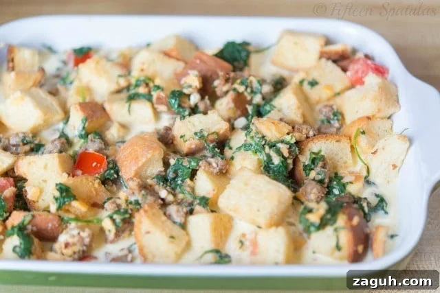 Overnight Breakfast Casserole Recipe Overnight Breakfast Casserole with spinach and sausage in dish