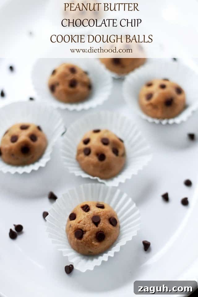 These Chocolate Peanut Butter Cookie Dough Balls taste just like classic chocolate chip cookie dough, but they’re no-bake, bite-sized, and quick to make. Peanut butter cookie dough balls topped with mini chocolate chips and served on a platter.