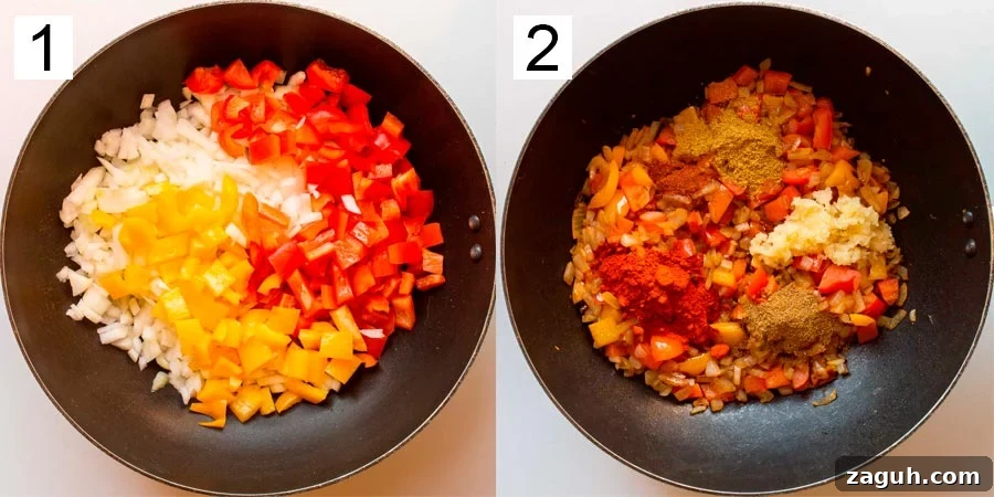 Guinness Vegan Chili Recipe: Rich, Hearty Stovetop Chili 6 chopped onions and peppers in a black skillet on the left numbered one, and on the right numbered two fried onions and peppers with crushed garlic and herbs and spices..