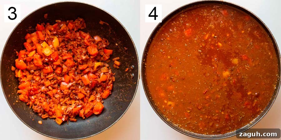 Guinness Vegan Chili Recipe: Rich, Hearty Stovetop Chili 7 On the left numbered 3, reddened fried vegetables in a large pan - on the right numbered four the pan full of brown liquid.