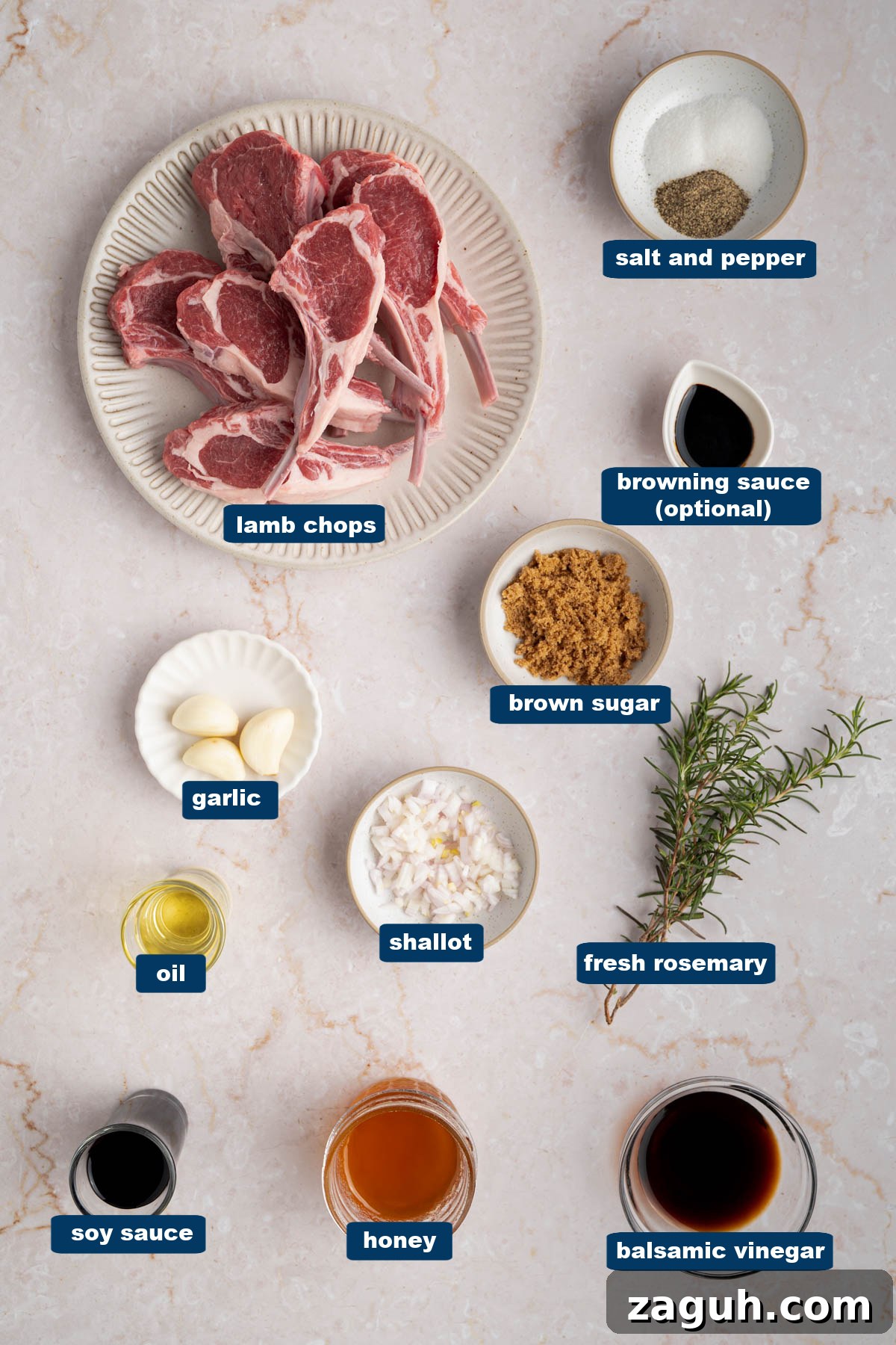 Balsamic-Glazed Oven-Baked Lamb Chops for Weeknight Dinner 2 All of the ingredients for baked lamb chops in bowls on a white countertop.