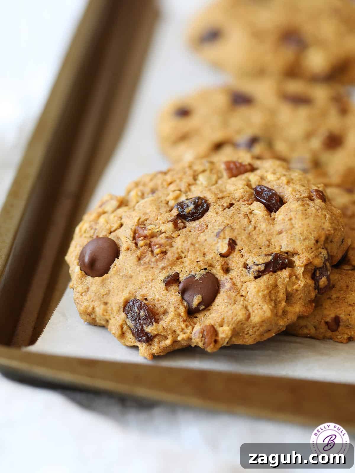 Protein-Packed Breakfast Cookies for Busy Mornings 3 close up cookie with chocolate chips and raisins on baking sheet