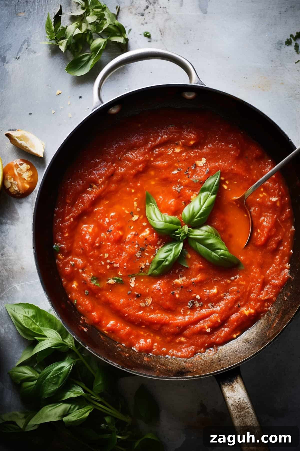 Authentic Pomodoro Sauce Recipe for Fresh Homemade Pasta 5 Pomodoro sauce in a pan with basil.