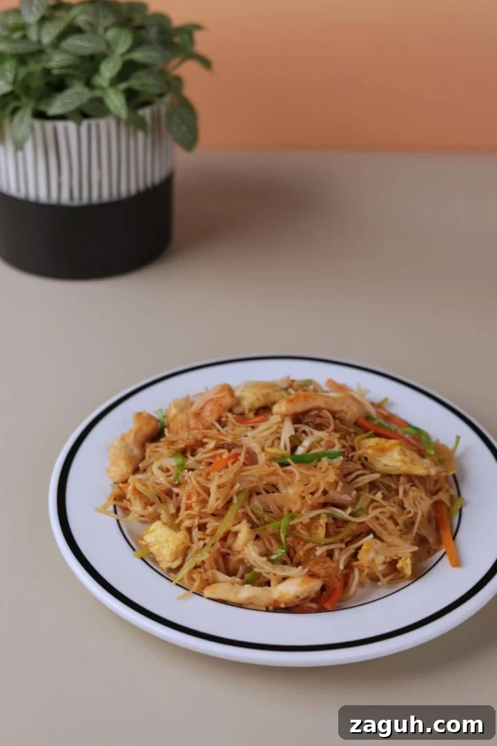 Homestyle Chicken Mei Fun Noodles Recipe for Tender Stir-Fry 2 Chinese chicken mei fun home-style noodle recipe served on a white plate.