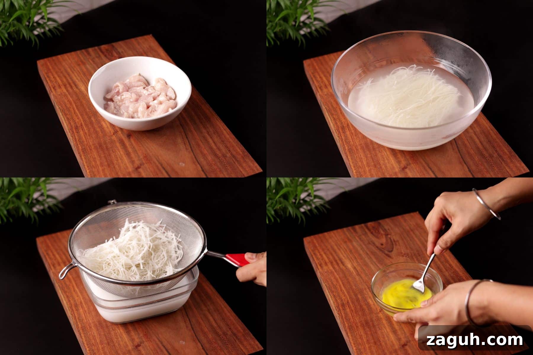 Homestyle Chicken Mei Fun Noodles Recipe for Tender Stir-Fry 4 Steps 2 to 5 for Chinese chicken mei fun: marinating chicken, soaking and draining rice noodles, and beating egg.