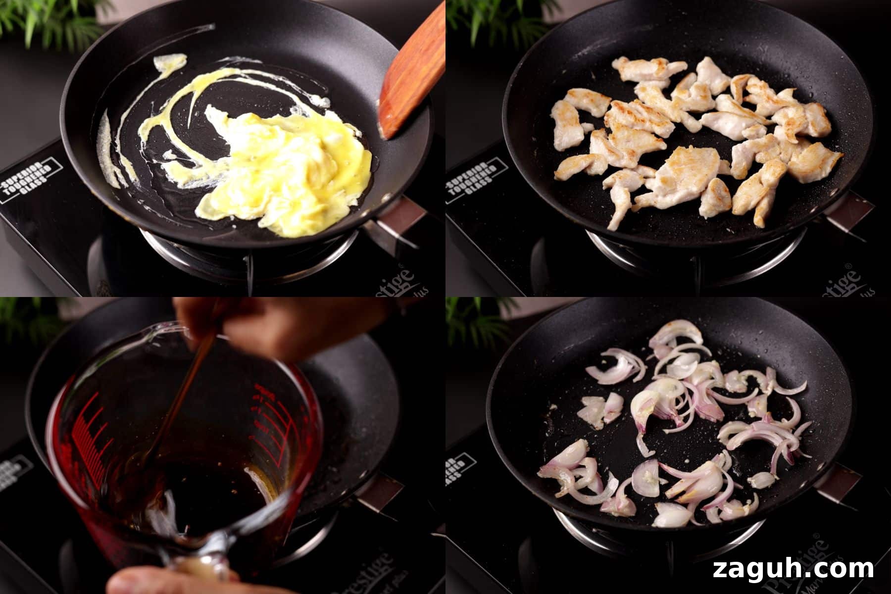 Homestyle Chicken Mei Fun Noodles Recipe for Tender Stir-Fry 5 Steps 6 to 9 for Chinese chicken mei fun: scrambling egg, cooking chicken until golden, mixing the sauce, and stir-frying onion with garlic.