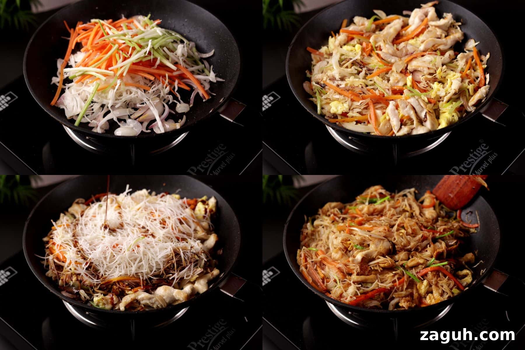 Homestyle Chicken Mei Fun Noodles Recipe for Tender Stir-Fry 6 Steps 10 to 13 for chicken mei fun: stir-frying vegetables, adding cooked chicken and egg, adding noodles, sauce, and green onion, then combining everything together.