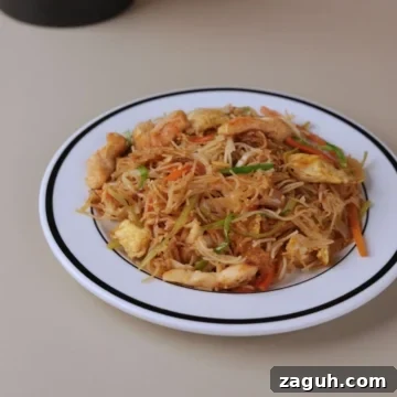 Chinese chicken mei fun home-style noodle recipe served on a white plate.
