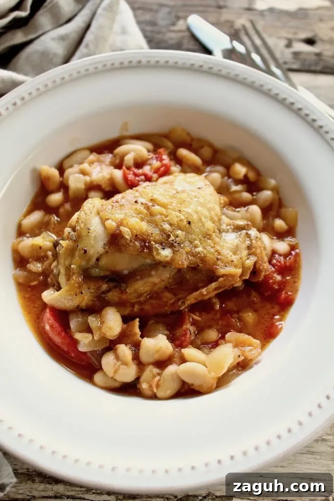 Garlic-Roasted Chicken with Creamy White Beans casserole 6 Finished dish in serving dish.