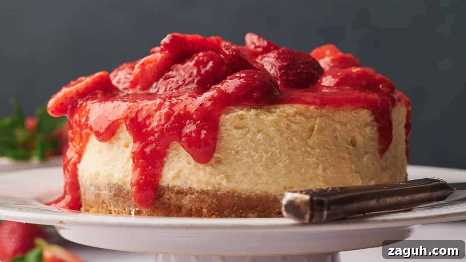 17 Show-Stopping Potluck Recipes That Steal the Spotlight 12 Strawberry cheesecake on cake stand.