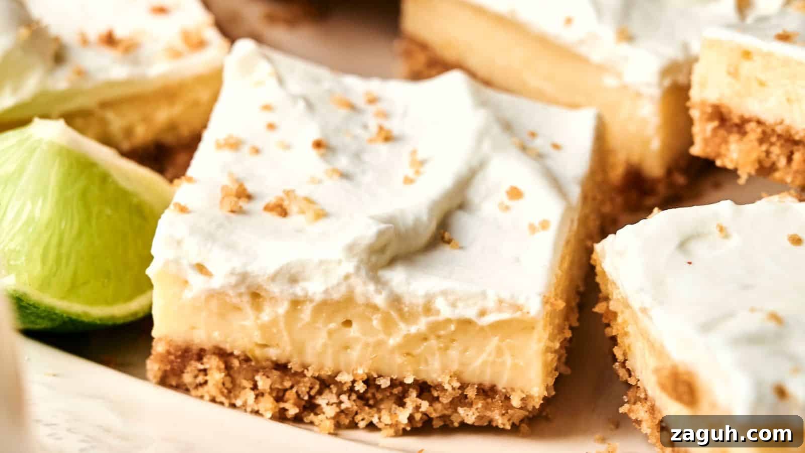 17 Show-Stopping Potluck Recipes That Steal the Spotlight 4 A close-up of dessert bars with a crumbly crust, creamy filling, and whipped topping, garnished with lime slices in the background.
