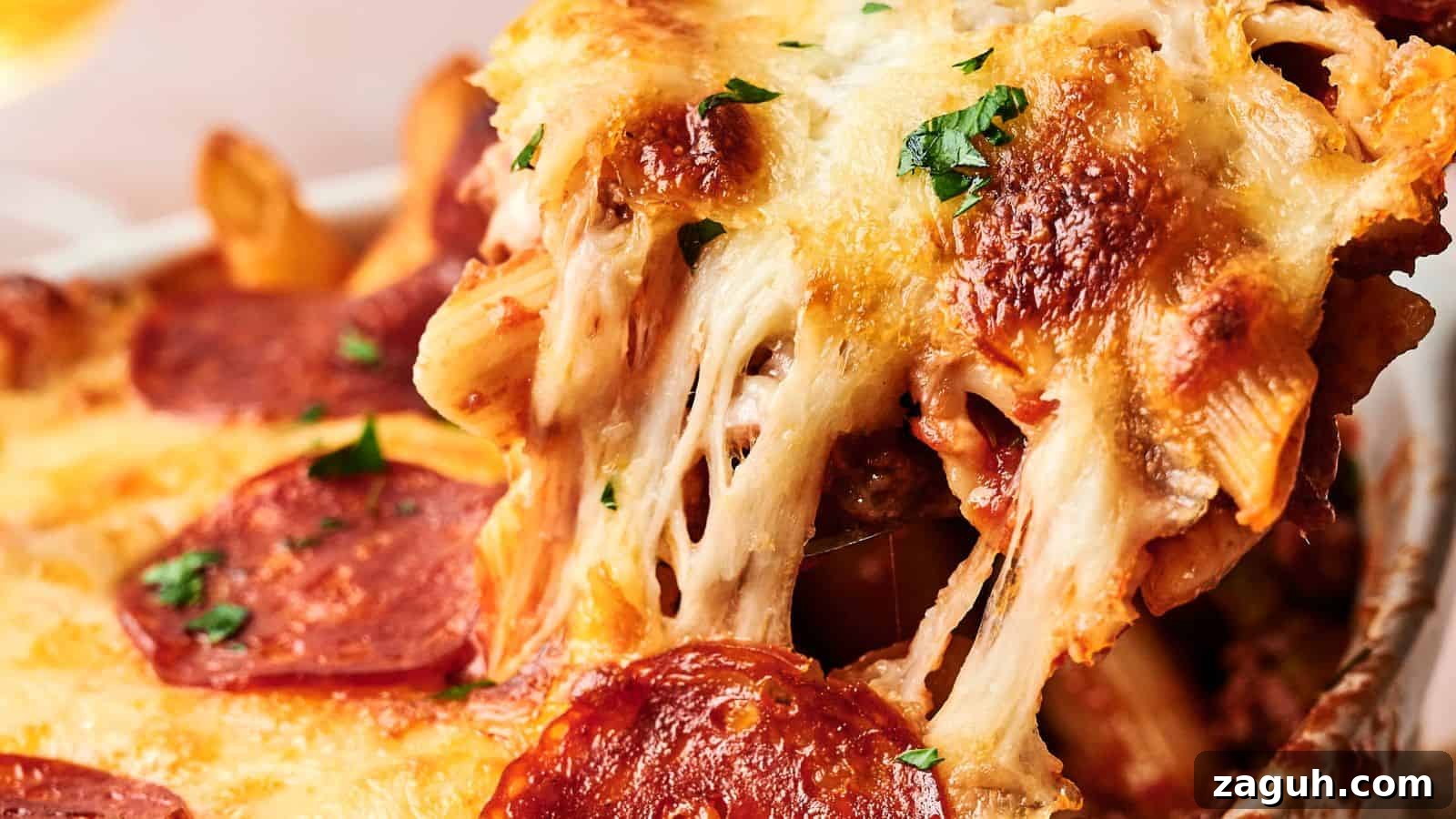 17 Show-Stopping Potluck Recipes That Steal the Spotlight 5 A close-up of a baked pasta dish with melted cheese, pepperoni slices, and herbs, showing a serving being lifted, revealing gooey cheese strands.