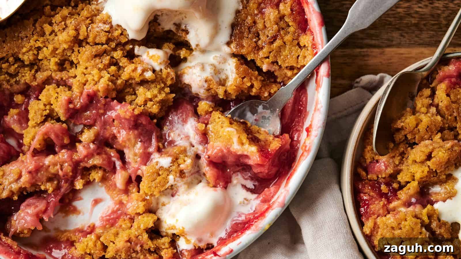 17 Show-Stopping Potluck Recipes That Steal the Spotlight 10 A baked dessert with a crumbly brown topping and red filling sits in a dish, with a portion served in a separate bowl. Spoons are present in both the dish and the bowl.