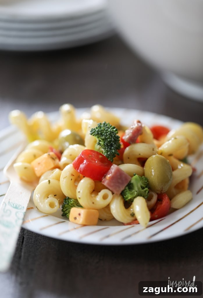 Creamy Italian Pasta Salad with Tangy Herb Vinaigrette 2 up close of pasta salad on a small plate.
