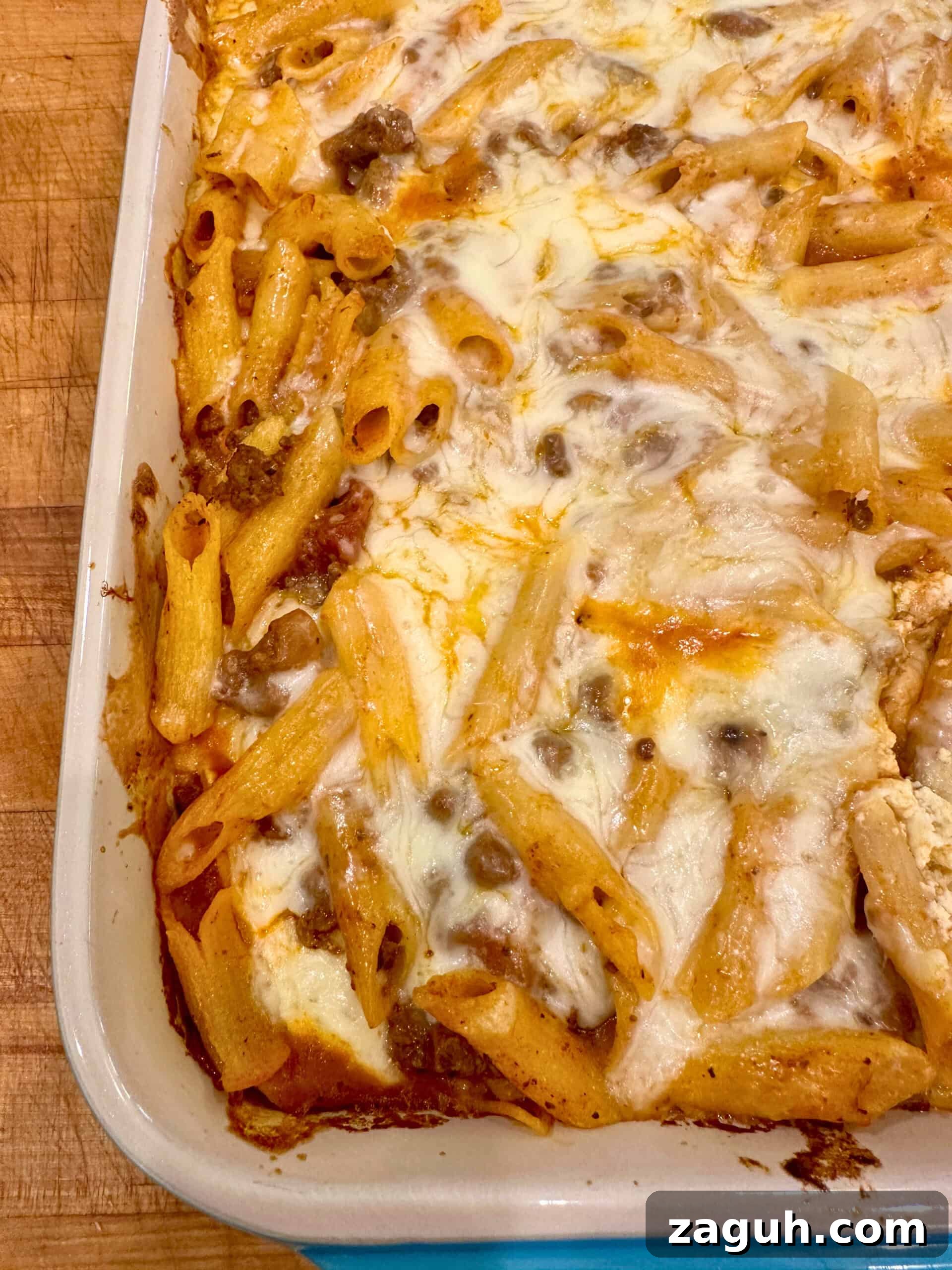 Quick No-Fuss Lasagna Recipe for Busy Weeknights 2 No-layer ricotta and ground beef lasagna in a casserole dish.