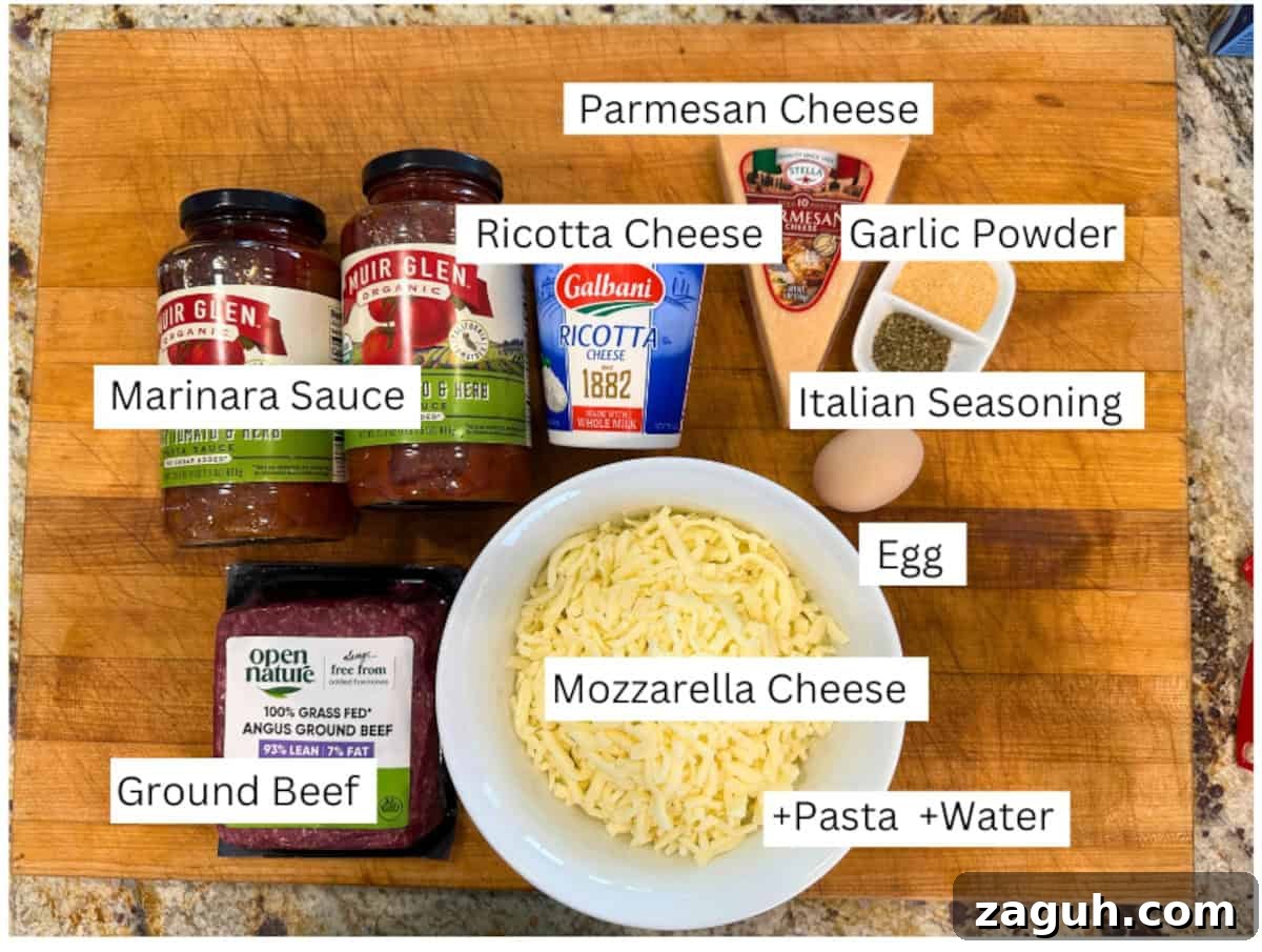 Quick No-Fuss Lasagna Recipe for Busy Weeknights 4 Labeled ingredients for lazy lasagna.